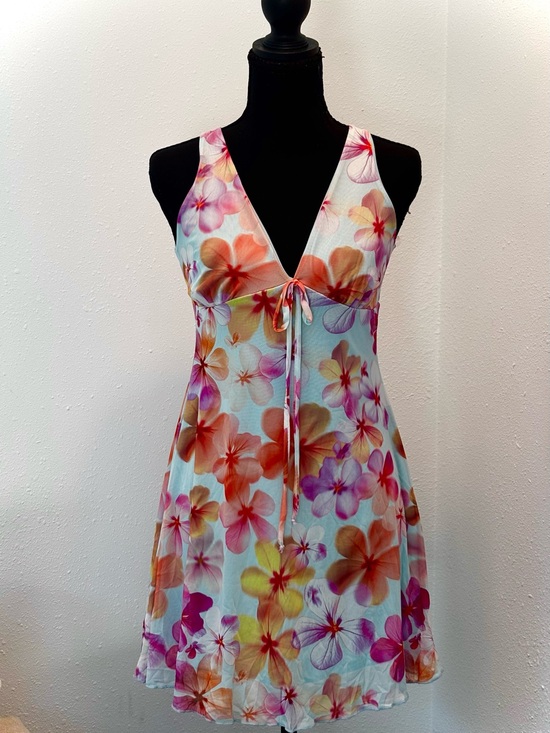 See You Monday Dresses & Skirts - See You Monday Floral Tie-Front Mesh Mini Dress in light blue, Pink, Orange